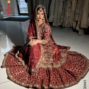 Deep Red Farshi Lehenga — Side Profile Flared Silhouette
