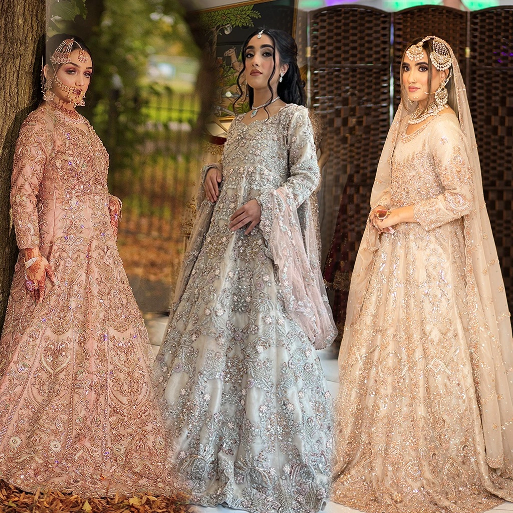 Collage of blush pink, ivory and gold bridal dresses