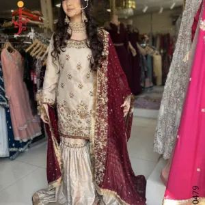 Golden Gharara Set — Back View Heavy Embroidery