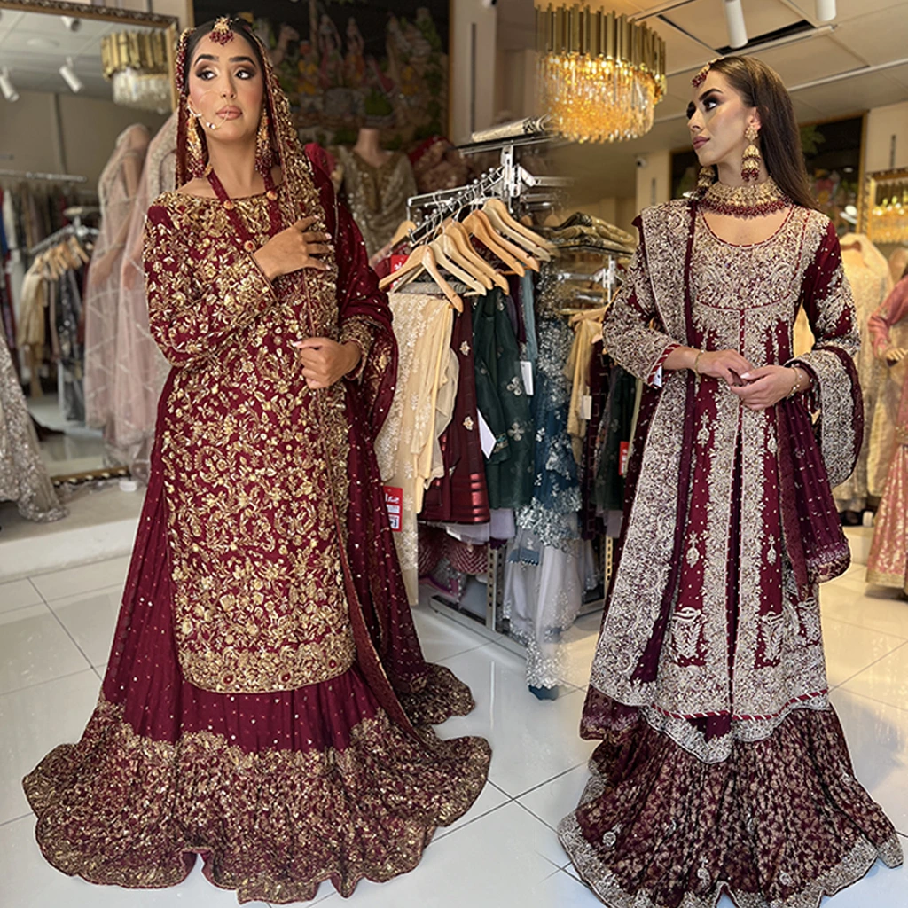 A three-panel collage – deep garnet lehenga with dull gold embroidery, champagne gown with emerald green dupatta, frosted lilac lehenga with silver zardozi.