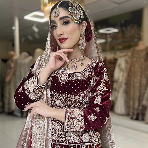 • Swatch-style display of emerald velvet, burgundy velvet, and soft wool blends with embroidered details. • Bride wearing velvet cape over bridal gown.