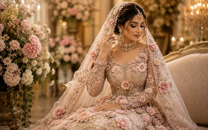 3D Floral Embellishments Botanical Embroidery: Romantic Trends in Pakistani Bridal Wear
