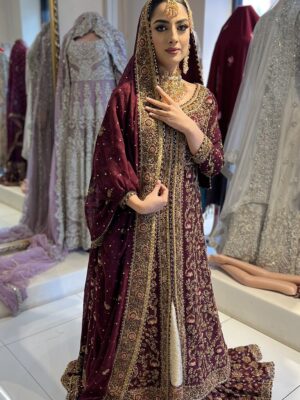 Maroon Front-Open Farshi Lehenga - Baraat Dresses, Bridal Dresses, Bridal Lehenga, Wedding Dresses - Nikkah | Jabeenz UK