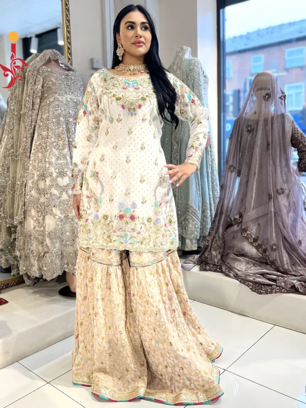 White Gharara with Multi Color Embroidery - alternate view