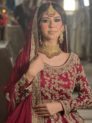 Red Chiffon Bridal Front-Open Dress with Lehenga - Image 2