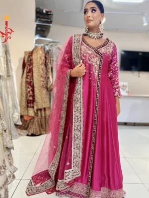 Hot Pink Tassel Silk Partywear Angarkha - Bridesmaid Dresses, Formal Wear, Party Wear, Wedding Guest Dresses - Walima | Jabeenz UK
