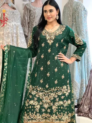 Bottle Green Shirt with Sharara - Bridesmaid Dresses, Formal Wear, Party Wear, Sharara, Wedding Guest Dresses - Walima | Jabeenz UK