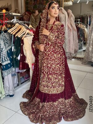 Hyderabadi-Inspired Maroon Bridal Ensemble - Baraat Dresses, Bridal Dresses, Formal Wear, Wedding Dresses | Jabeenz UK