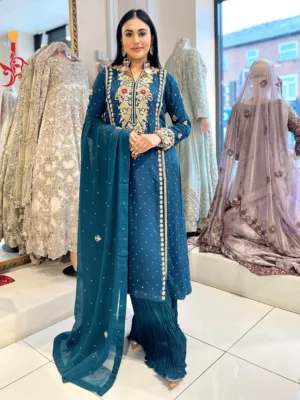 Teal Green Shirt with Crush Palazzo - Bridesmaid Dresses, Formal Wear, Party Wear, Wedding Guest Dresses - Walima | Jabeenz UK
