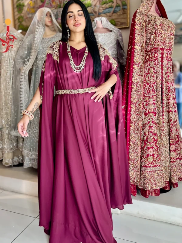 Maroon Georgette Silk Pocho-Style Kaftan Dress - alternate view