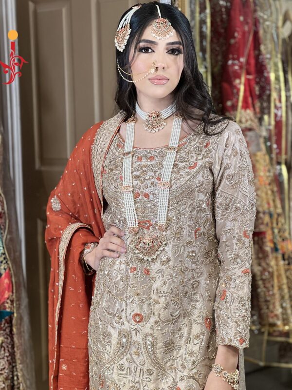 Golden & Peach Embellished Formal Nikkah Dress - Image 2