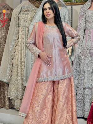 Peach Mirage Partywear Sharara Set - Bridesmaid Dresses, Formal Wear, Party Wear, Sharara, Wedding Guest Dresses - Walima | Jabeenz UK