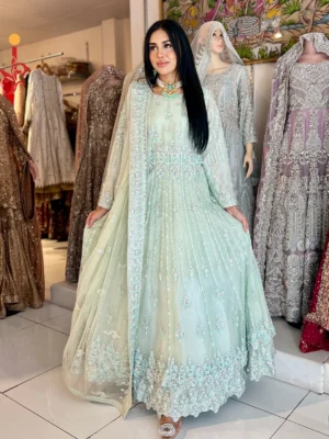 Sage Radiance Green Net Maxi - Bridal Dresses, Bridal Maxi, Formal Wear, Walima Dresses - Walima | Jabeenz UK