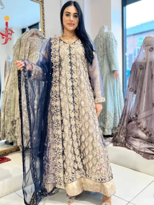 Blue and Golden Jacket Maxi - Bridesmaid Dresses, Formal Wear, Party Wear, Wedding Guest Dresses - Walima | Jabeenz UK