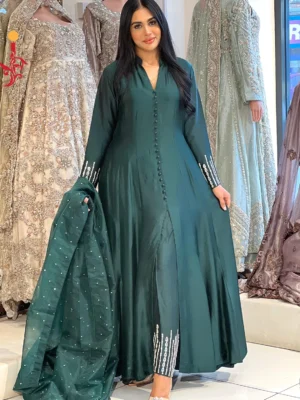 Bottle Green Aline with Trousers - Bridesmaid Dresses, Formal Wear, Party Wear, Wedding Guest Dresses - Walima | Jabeenz UK