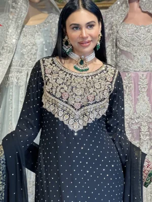 Elegant Black Chiffon Partywear Ensemble - Bridesmaid Dresses, Formal Wear, Party Wear, Wedding Guest Dresses - Walima | Jabeenz UK