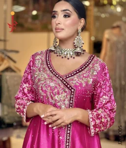 Hot Pink Tassel Silk Partywear Angarkha Anarkali Suits by Jabeenz Manchester