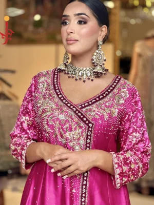 Hot Pink Tassel Silk Partywear Angarkha - Bridesmaid Dresses, Formal Wear, Party Wear, Wedding Guest Dresses - Walima | Jabeenz UK