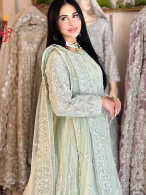 Sage Radiance Green Net Maxi - Bridal Dresses, Bridal Maxi, Formal Wear, Walima Dresses - Walima | Jabeenz UK