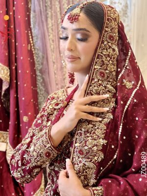Hyderabadi-Inspired Maroon Bridal Ensemble - Baraat Dresses, Bridal Dresses, Formal Wear, Wedding Dresses | Jabeenz UK