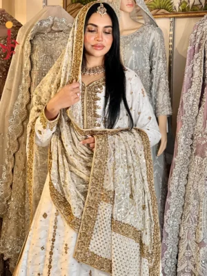 The White & Golden Khaddi Cotton Ensemble - Bridesmaid Dresses, Formal Wear, Nikkah Dresses, Wedding Guest Dresses - Walima | Jabeenz UK