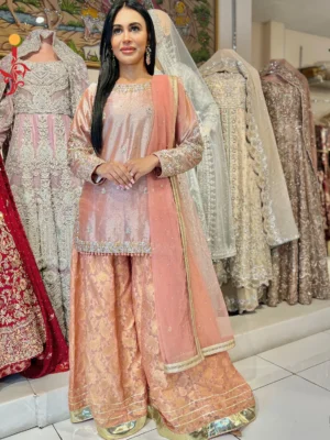 Peach Mirage Partywear Sharara Set - Bridesmaid Dresses, Formal Wear, Party Wear, Sharara, Wedding Guest Dresses - Walima | Jabeenz UK