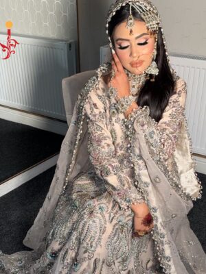 Grey Fawn Embellished Bridal Maxi with Organza Jaal Dupatta - Bridal Dresses, Bridal Maxi, Walima Dresses, Wedding Dresses - Walima | Jabeenz UK