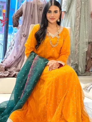 Yellow Maxi with Green Supra - Bridesmaid Dresses, Formal Wear, Party Wear, Wedding Guest Dresses - Walima | Jabeenz UK