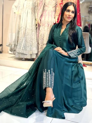 Bottle Green Aline with Trousers - Bridesmaid Dresses, Formal Wear, Party Wear, Wedding Guest Dresses - Walima | Jabeenz UK