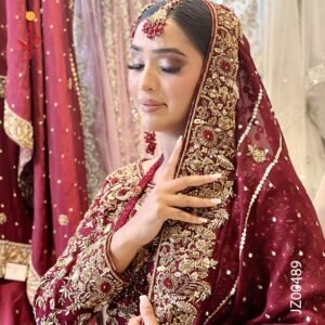 Hyderabadi-Inspired Maroon Bridal Ensemble Wedding Dresses by Jabeenz Manchester