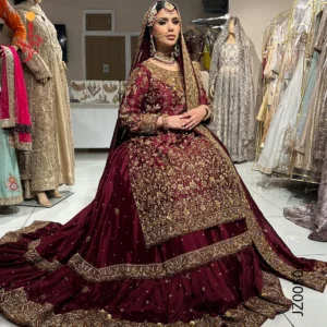 Maroon Farshi Lehenga with Tail Wedding Dresses by Jabeenz Manchester