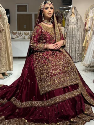 Maroon Farshi Lehenga with Tail - Baraat Dresses, Bridal Dresses, Bridal Lehenga, Formal Wear, Wedding Dresses | Jabeenz UK