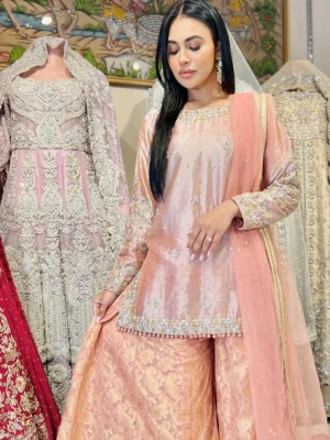 Peach Mirage Partywear Sharara Set - Bridesmaid Dresses, Formal Wear, Party Wear, Sharara, Wedding Guest Dresses - Walima | Jabeenz UK