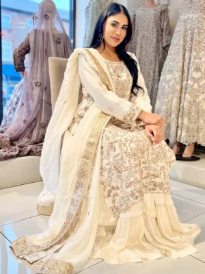 Ivory Formal Shirt with Farshi - Bridal Dresses, Formal Wear, Gharara, Walima Dresses, Wedding Dresses - Walima | Jabeenz UK