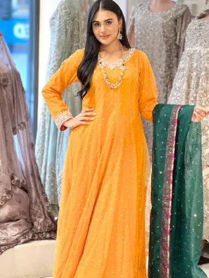 Yellow Maxi with Green Supra - Bridesmaid Dresses, Formal Wear, Party Wear, Wedding Guest Dresses - Walima | Jabeenz UK