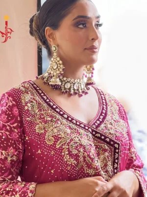 Hot Pink Tassel Silk Partywear Angarkha - Bridesmaid Dresses, Formal Wear, Party Wear, Wedding Guest Dresses - Walima | Jabeenz UK