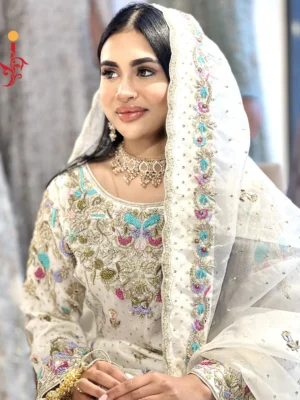 White Gharara with Multi Color Embroidery - Bridesmaid Dresses, Formal Wear, Gharara, Party Wear, Wedding Guest Dresses - Walima | Jabeenz UK