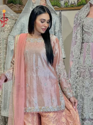Peach Mirage Partywear Sharara Set - Bridesmaid Dresses, Formal Wear, Party Wear, Sharara, Wedding Guest Dresses - Walima | Jabeenz UK