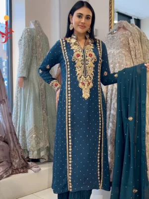 Teal Green Shirt with Crush Palazzo - Bridesmaid Dresses, Formal Wear, Party Wear, Wedding Guest Dresses - Walima | Jabeenz UK