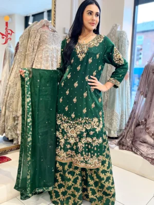 Bottle Green Shirt with Sharara - Bridesmaid Dresses, Formal Wear, Party Wear, Sharara, Wedding Guest Dresses - Walima | Jabeenz UK