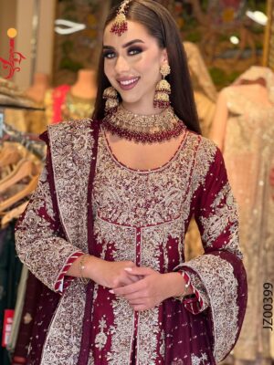 Maroon Peplum Style Bridal Farshi Lehenga - Baraat Dresses, Bridal Dresses, Bridal Lehenga, Formal Wear, Wedding Dresses | Jabeenz UK