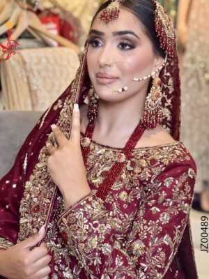 Hyderabadi-Inspired Maroon Bridal Ensemble - Baraat Dresses, Bridal Dresses, Formal Wear, Wedding Dresses | Jabeenz UK