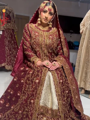 Maroon Front Open with Ivory Farshi - Baraat Dresses, Bridal Dresses, Formal Wear, Pakistani Bridal Gowns, Wedding Dresses | Jabeenz UK