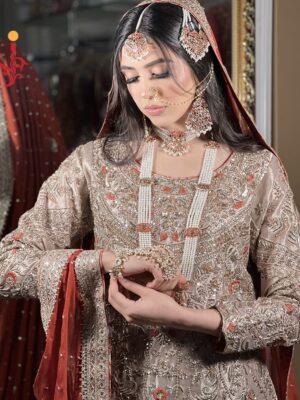 Golden & Peach Embellished Formal Nikkah Dress - Image 3