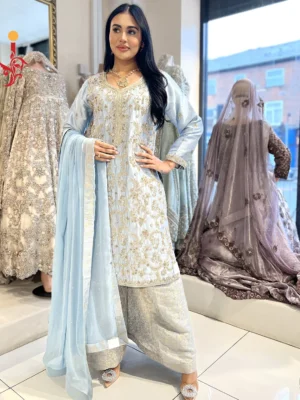 Ice Blue Shirt with Palazzo - Bridesmaid Dresses, Formal Wear, Party Wear, Wedding Guest Dresses - Walima | Jabeenz UK