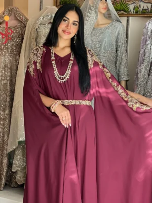Maroon Georgette Silk Pocho-Style Kaftan Dress - Bridesmaid Dresses, Formal Wear, Party Wear, Wedding Guest Dresses - Walima | Jabeenz UK