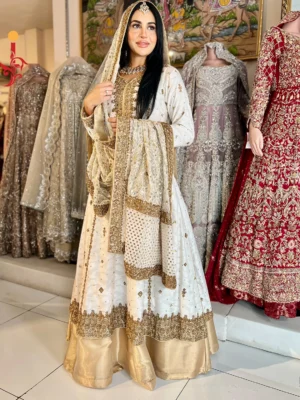 The White & Golden Khaddi Cotton Ensemble - Bridesmaid Dresses, Formal Wear, Nikkah Dresses, Wedding Guest Dresses - Walima | Jabeenz UK