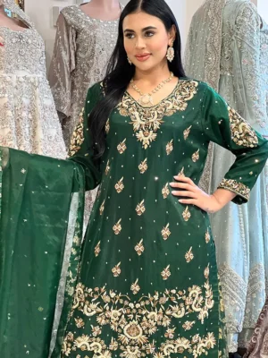 Bottle Green Shirt with Sharara - Bridesmaid Dresses, Formal Wear, Party Wear, Sharara, Wedding Guest Dresses - Walima | Jabeenz UK