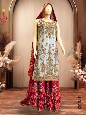 Grey & Red Bridal Lehenga Dress - Image 2