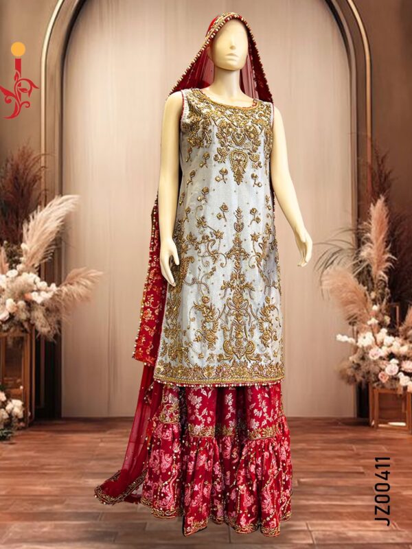 Grey & Red Bridal Lehenga Dress - Image 2